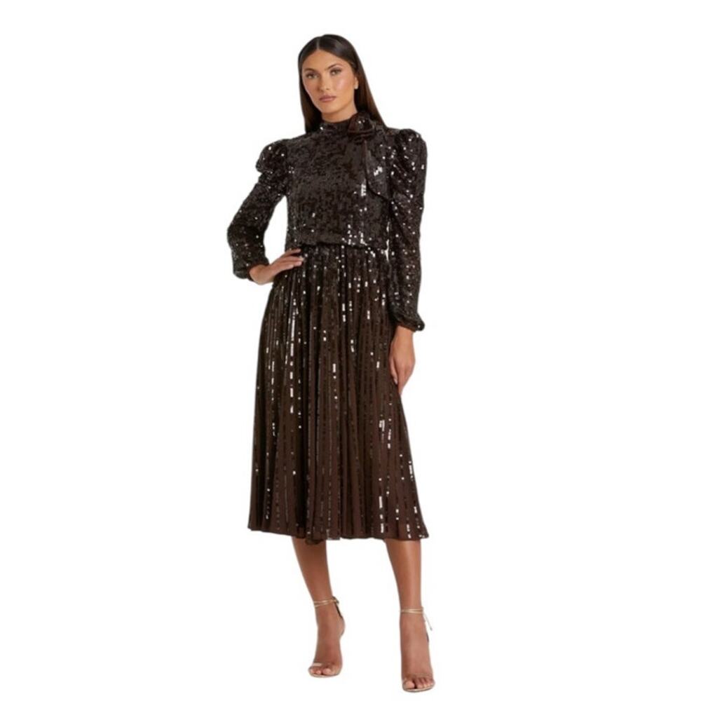 Mac Duggal Size 20 Brown Long Sleeve Sequin Tea Length Dress MOB Plus 93642 NEW